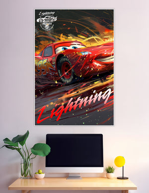 Lightning McQueen No. 95 red race car speeding through flames in a dynamic Pixar Cars fan art poster
