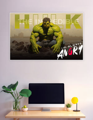 The Incredible Hulk crouching powerfully with 'I'm Always Angry' quote, comic-art style poster with city skyline background