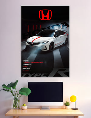 Honda Civic Type R white sports car poster with specs