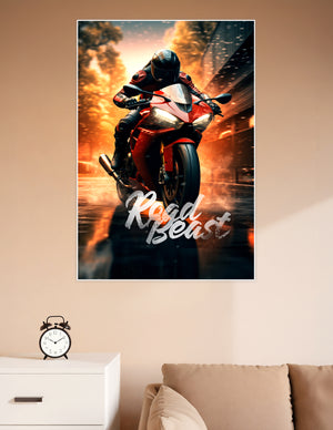 Road Beast poster featuring a red superbike rider speeding through a fiery urban cityscape with bold script typography