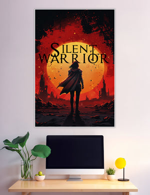 Silent Warrior fantasy poster showing a cloaked female warrior silhouetted against a glowing golden sun in a fiery red dystopian sky with ruined buildings