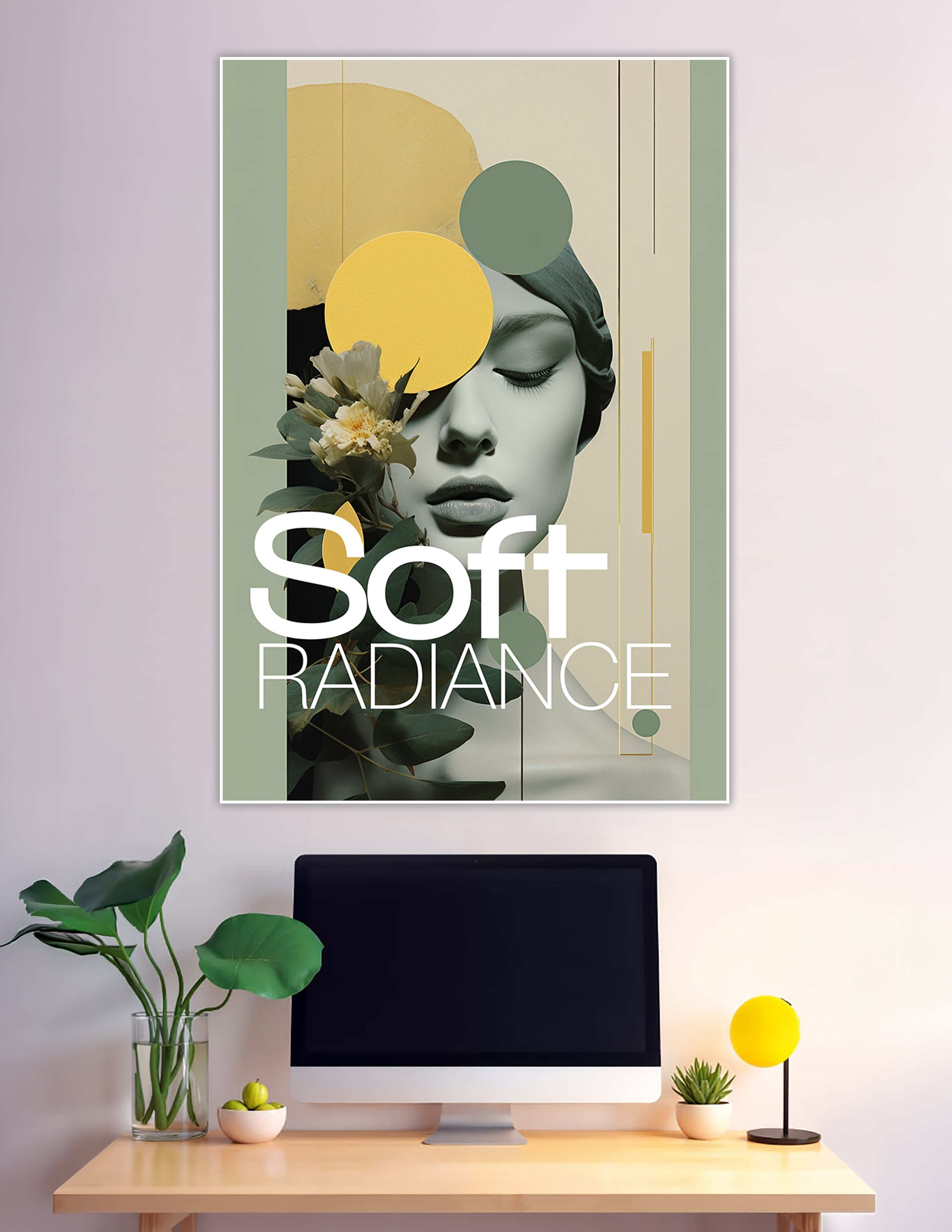 Modern art poster featuring a serene black-and-white female portrait with golden circles, sage green geometric shapes, and white floral botanicals on a cream background with the text Soft Radiance