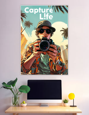 Retro comic style photographer holding camera urban poster