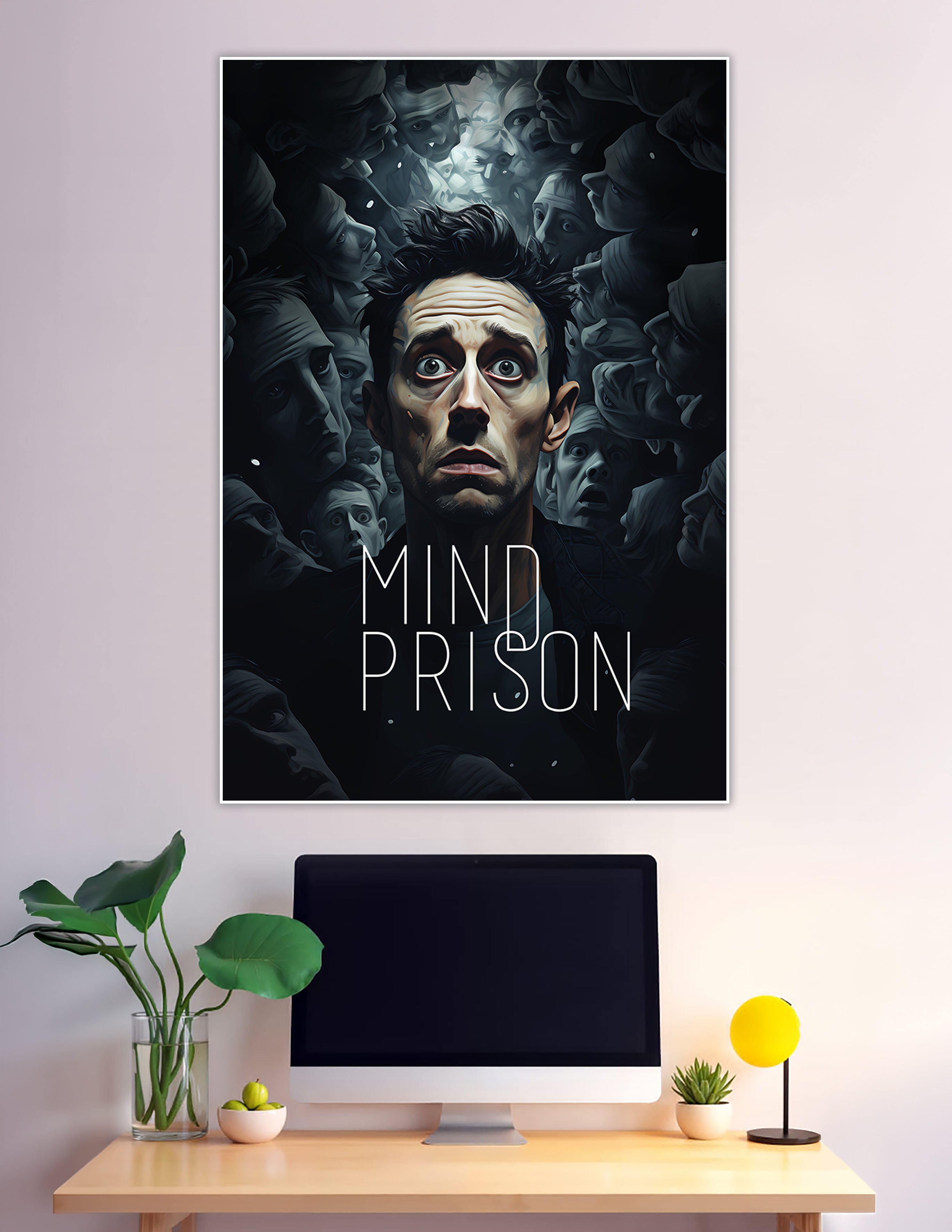 Dark surreal poster of man surrounded by shadowy faces