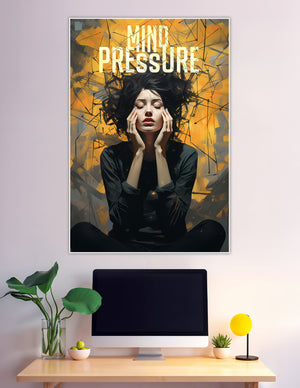 Woman under mental pressure surrounded by golden abstract chaos