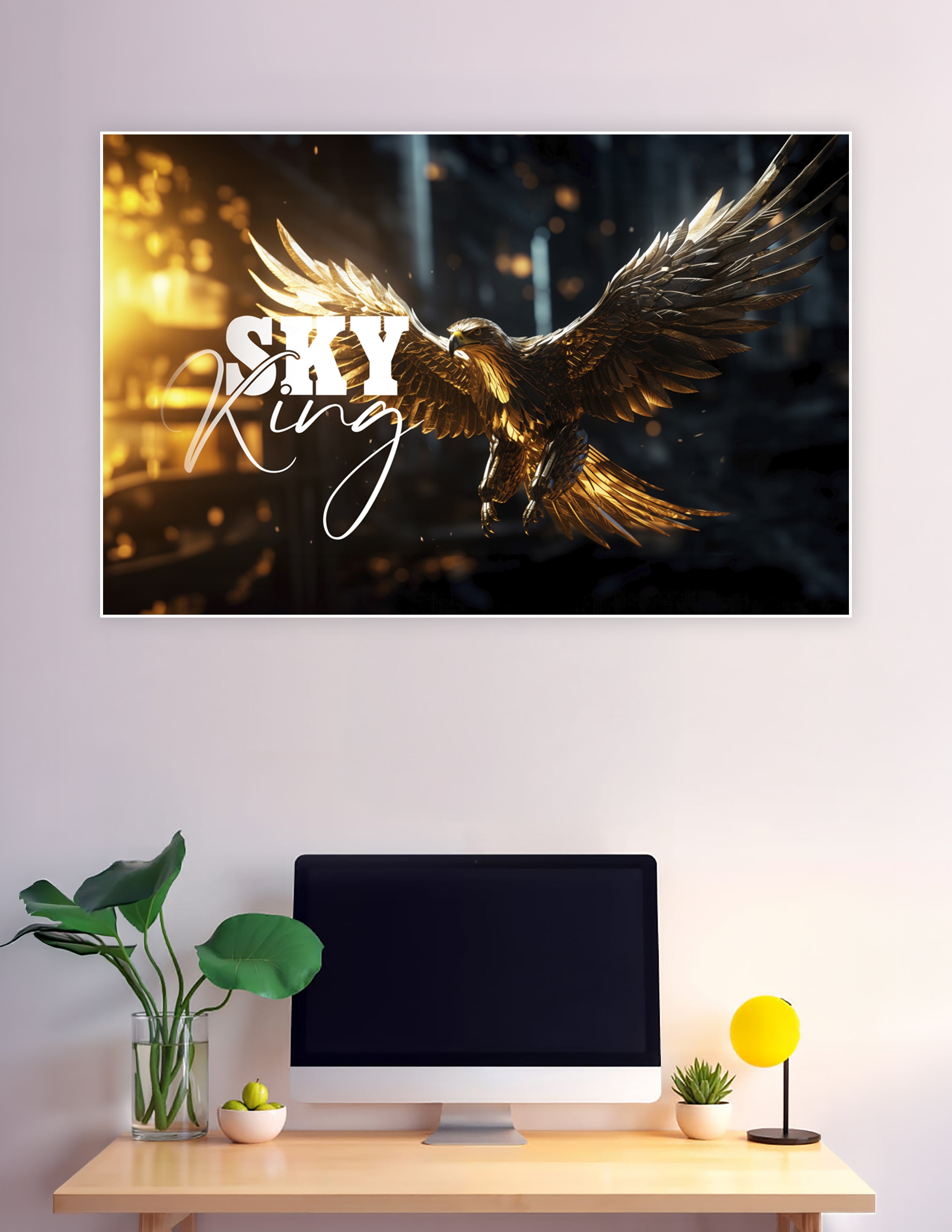 Sky King poster featuring a golden armored eagle in mid-flight against a dark dramatic background with warm bokeh lighting