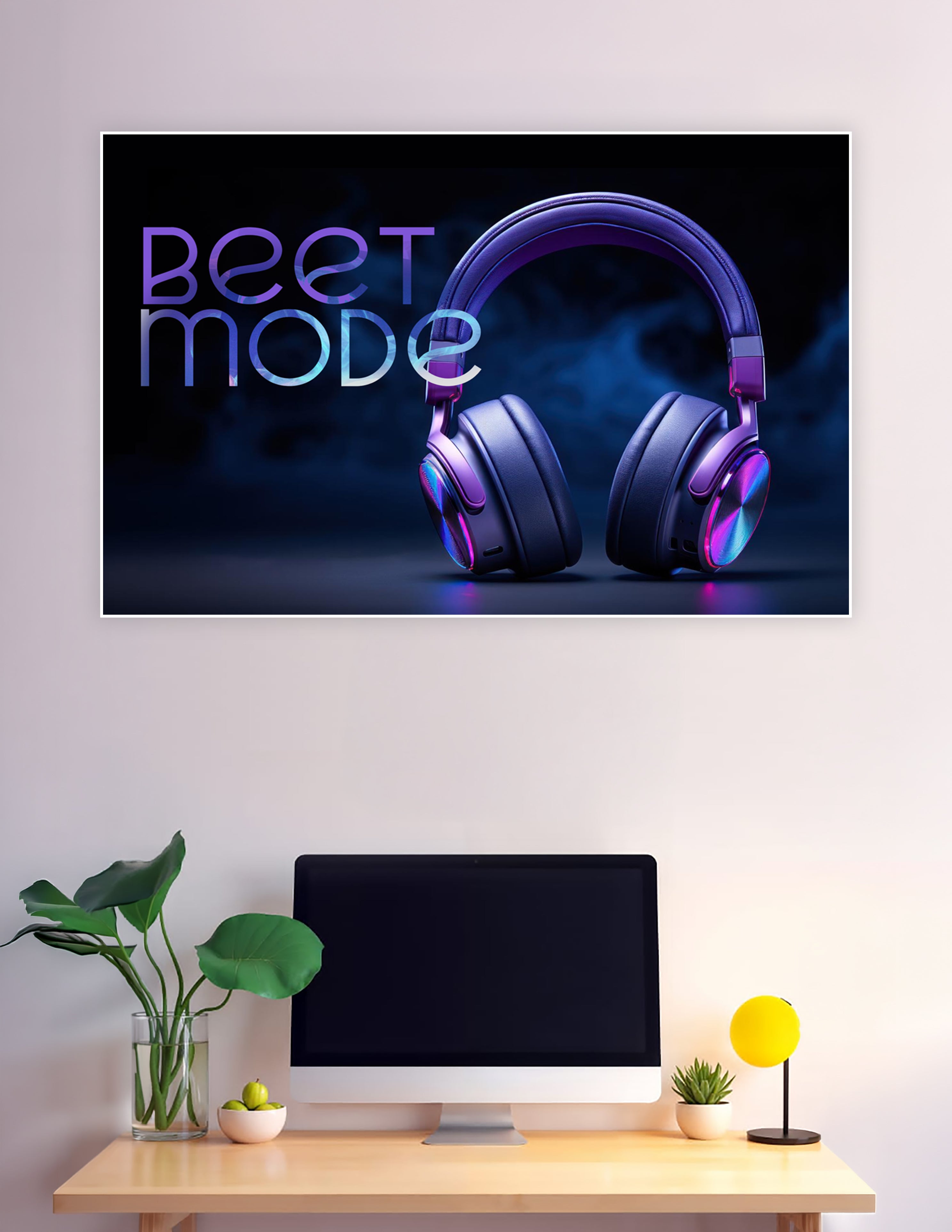 Neon purple headphones Beet Mode music poster dark background