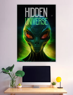 Glowing green alien portrait with red eyes space poster