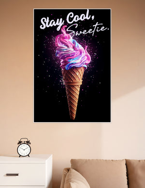 Neon ice cream cone poster with pink, purple and blue swirls on black background with Stay Cool Sweetie script text