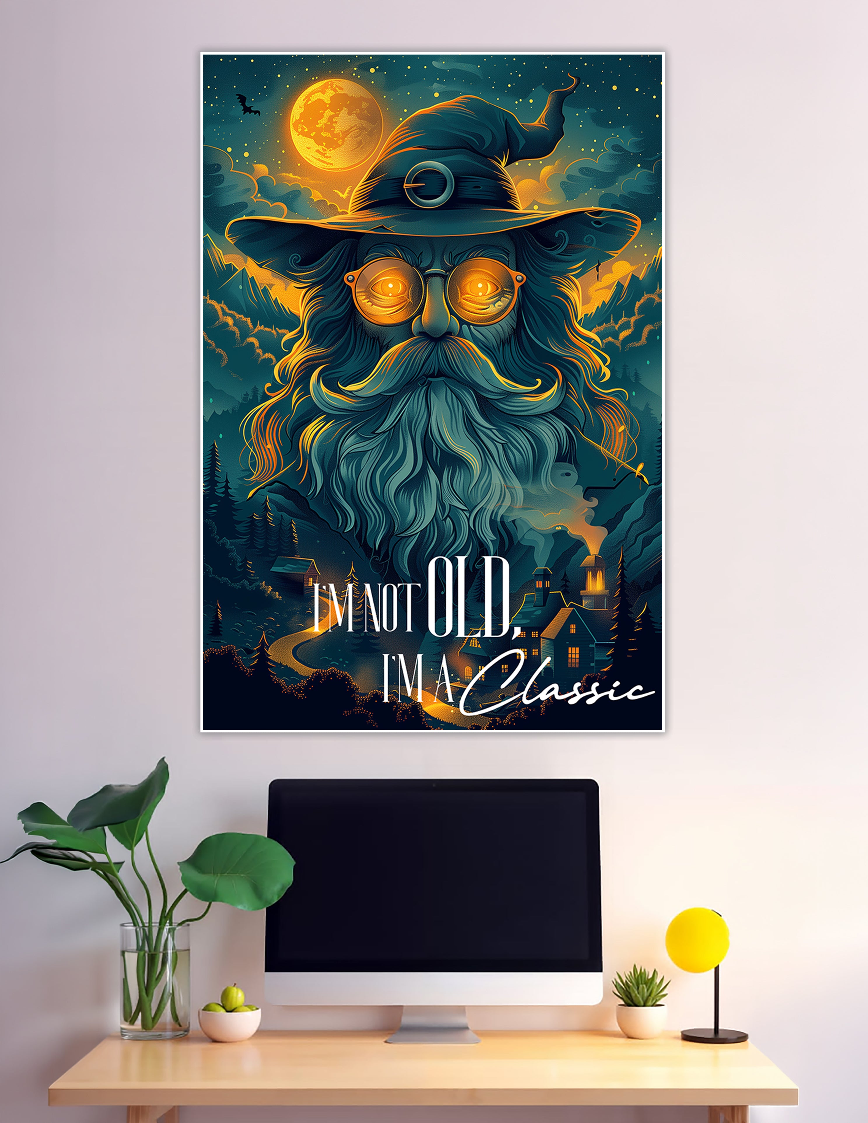 Glowing-eyed wizard under full moon fantasy humor poster