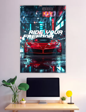 Red supercar on neon city street ride your freedom poster