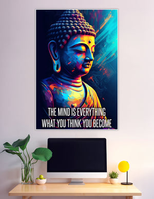 Colorful neon Buddha poster with motivational mindfulness quote