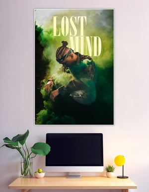 A young man with braided hair surrounded by swirling green smoke with bold 'Lost Mind' text overlay, urban street art poster