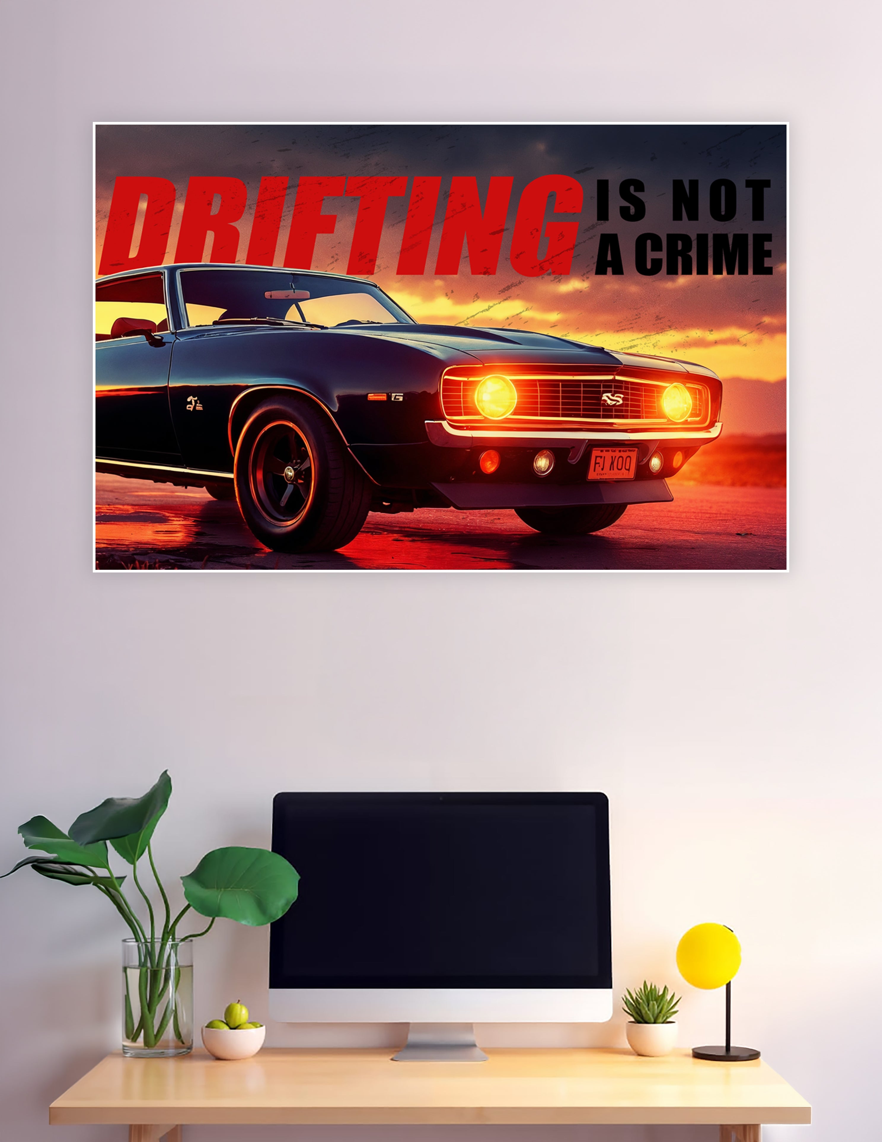 Black Camaro SS drifting poster with fiery sunset background