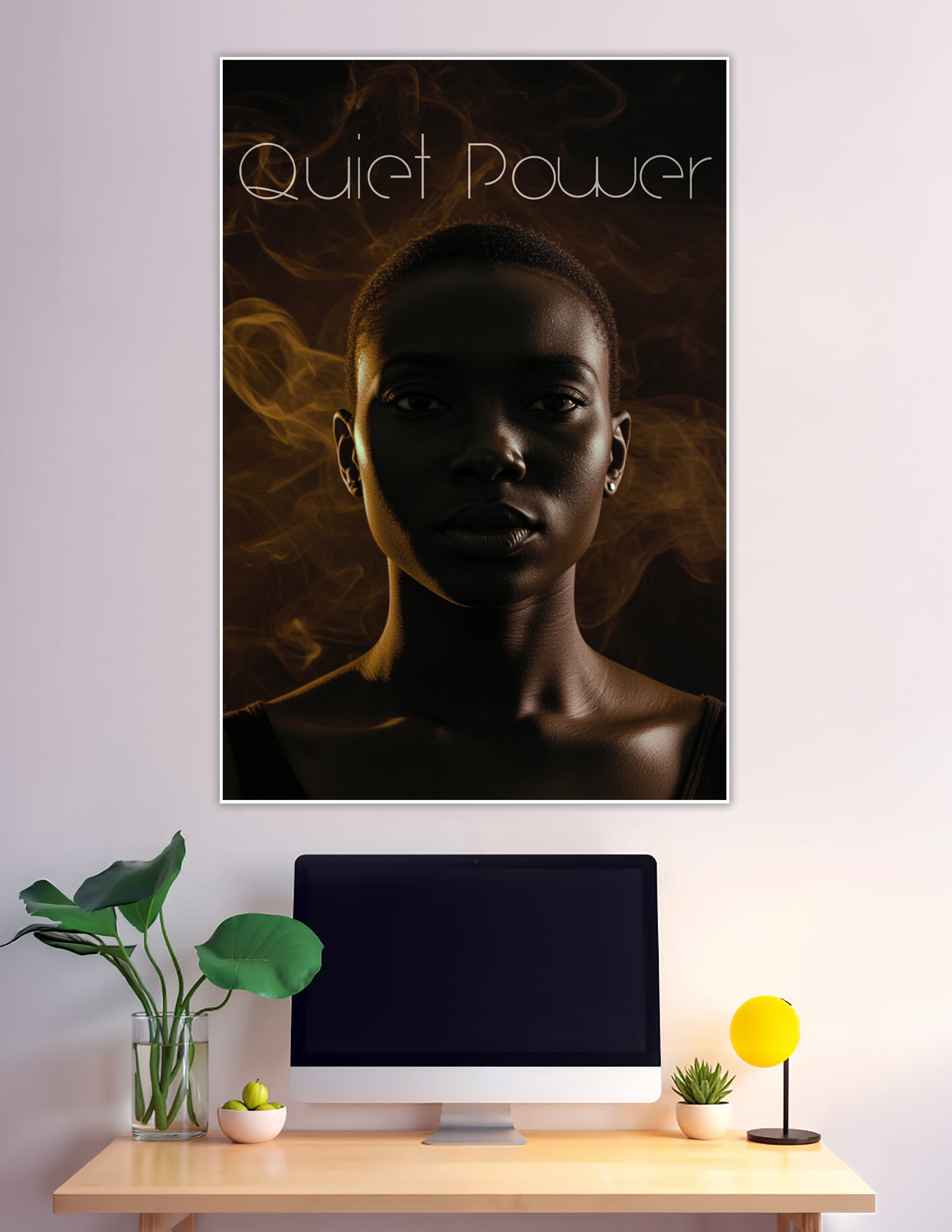 Dramatic close-up portrait of a woman with short hair against a dark golden smoke background with the text Quiet Power — empowerment wall poster print