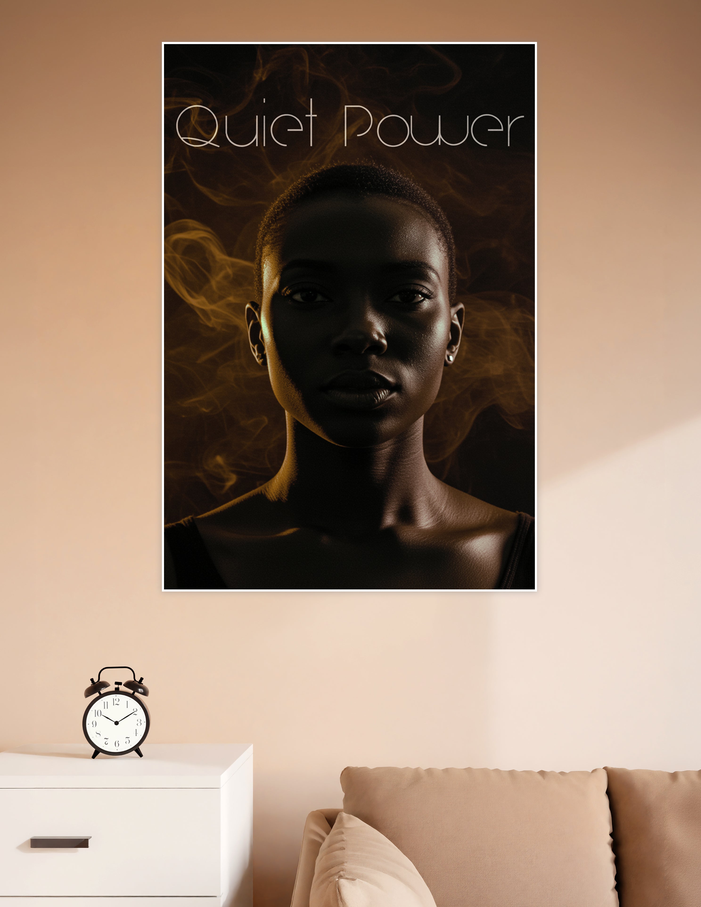 Dramatic close-up portrait of a woman with short hair against a dark golden smoke background with the text Quiet Power — empowerment wall poster print