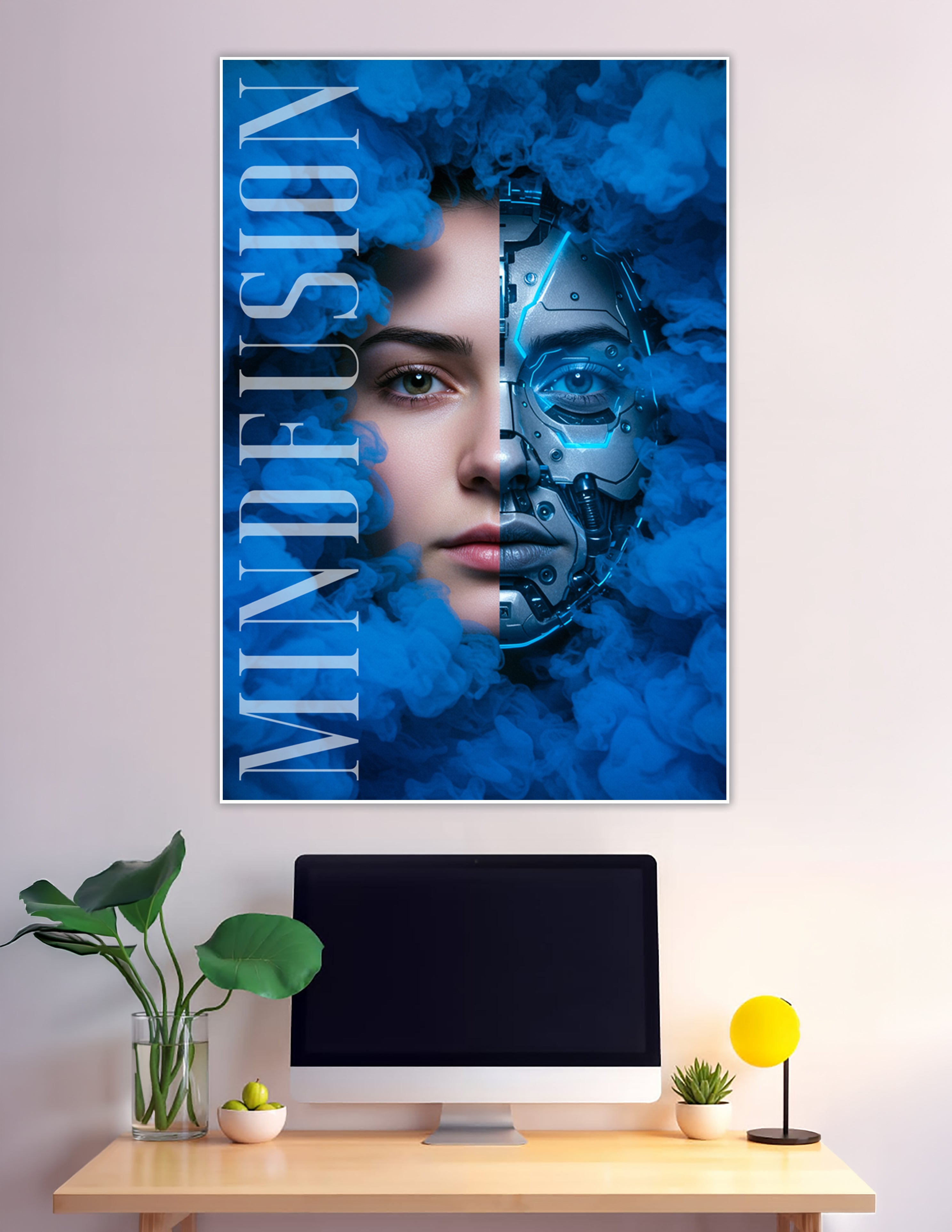 Split-face poster showing half human face and half robotic cybernetic face surrounded by dramatic blue smoke with glowing blue circuit details