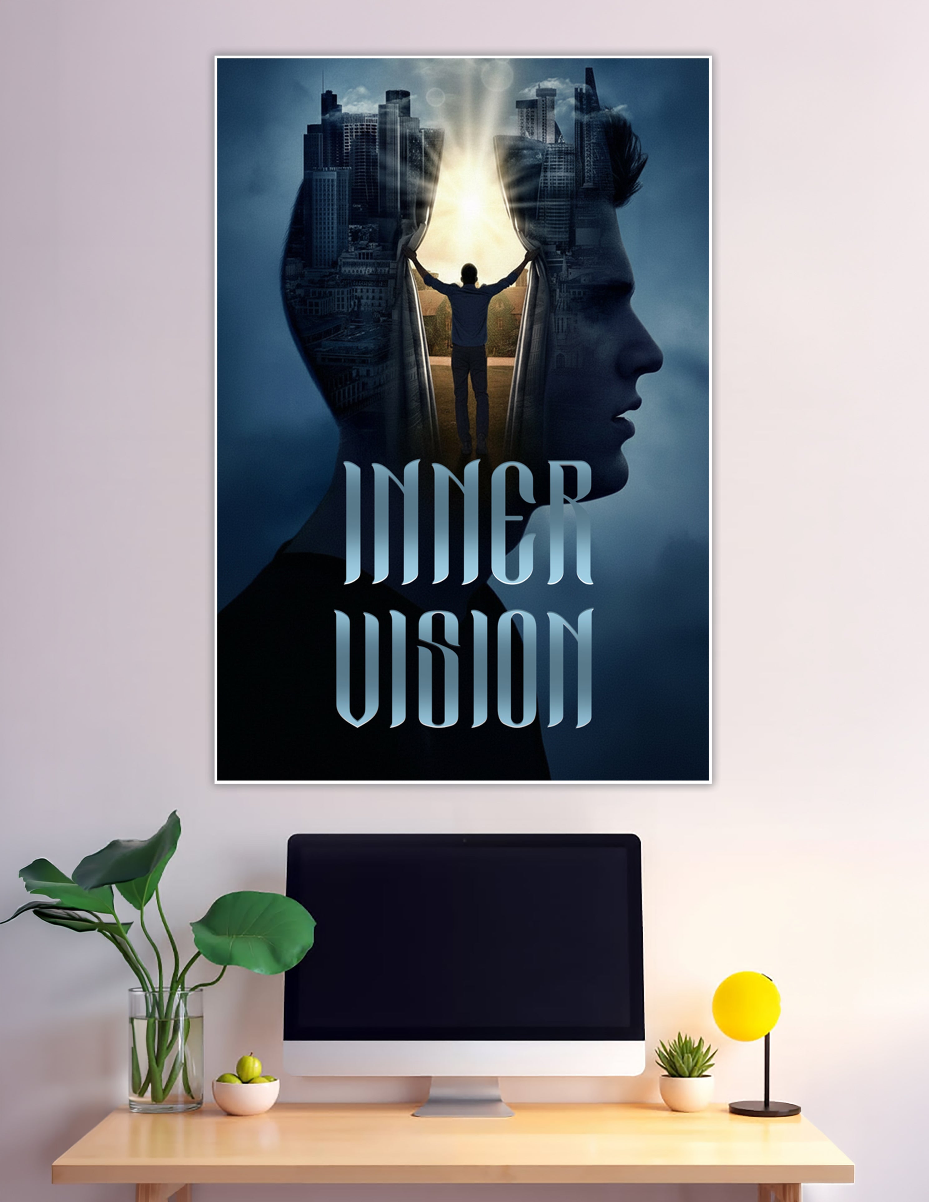 Surreal double exposure mind cityscape inner vision poster