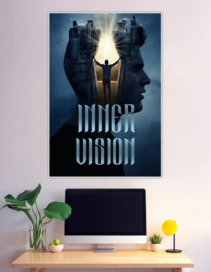 Surreal double exposure mind cityscape inner vision poster