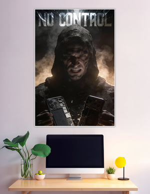Dark cinematic poster of a hooded figure angrily crushing a smartphone in two with bold 'No Control' text above, surrounded by smoke and dramatic lighting