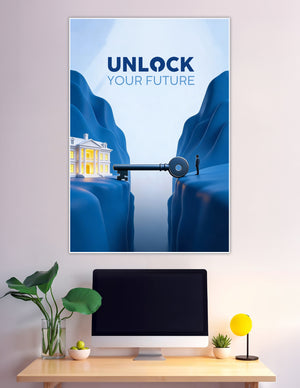Motivational poster showing a giant key bridging two blue cliffs toward a glowing white mansion with the text Unlock Your Future