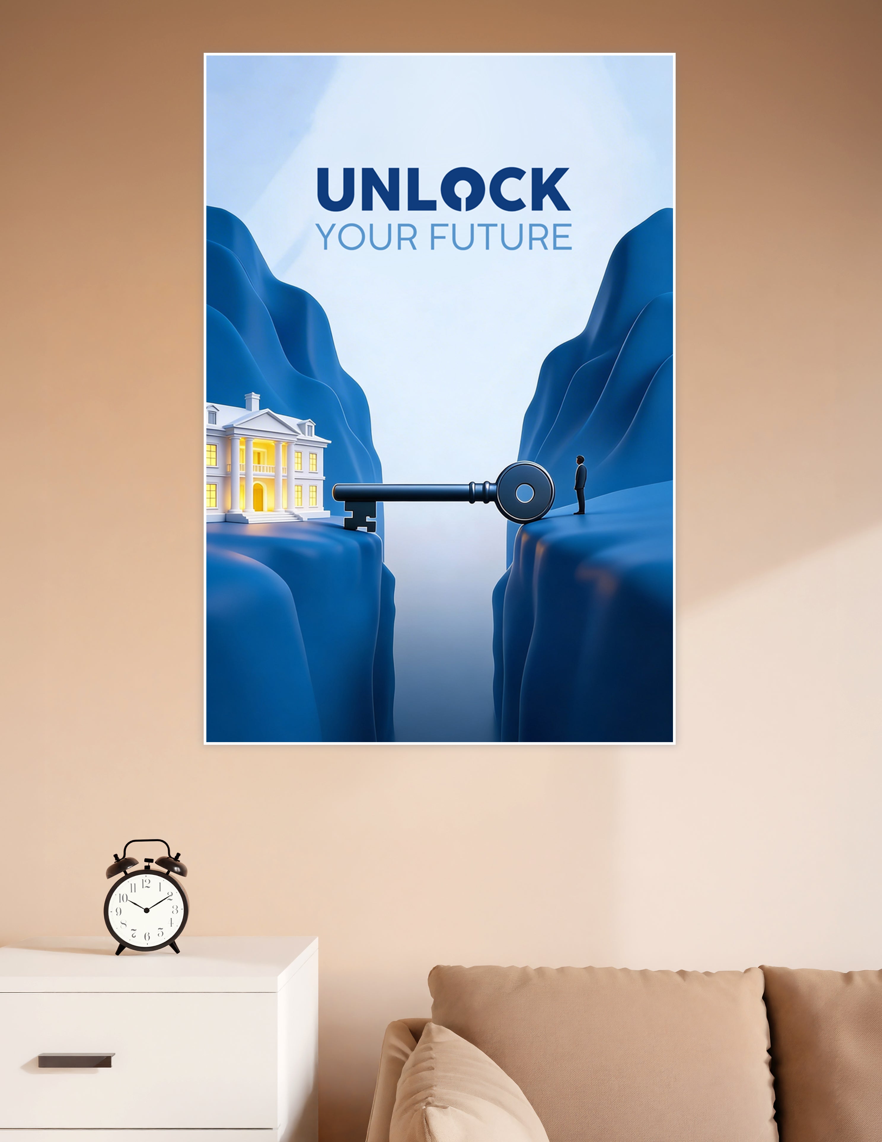 Motivational poster showing a giant key bridging two blue cliffs toward a glowing white mansion with the text Unlock Your Future