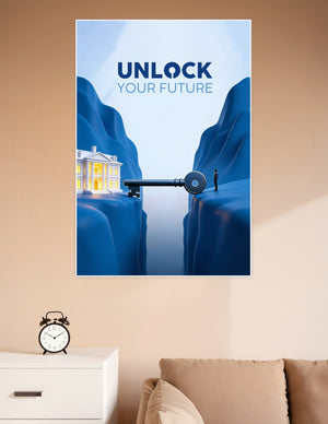 Motivational poster showing a giant key bridging two blue cliffs toward a glowing white mansion with the text Unlock Your Future