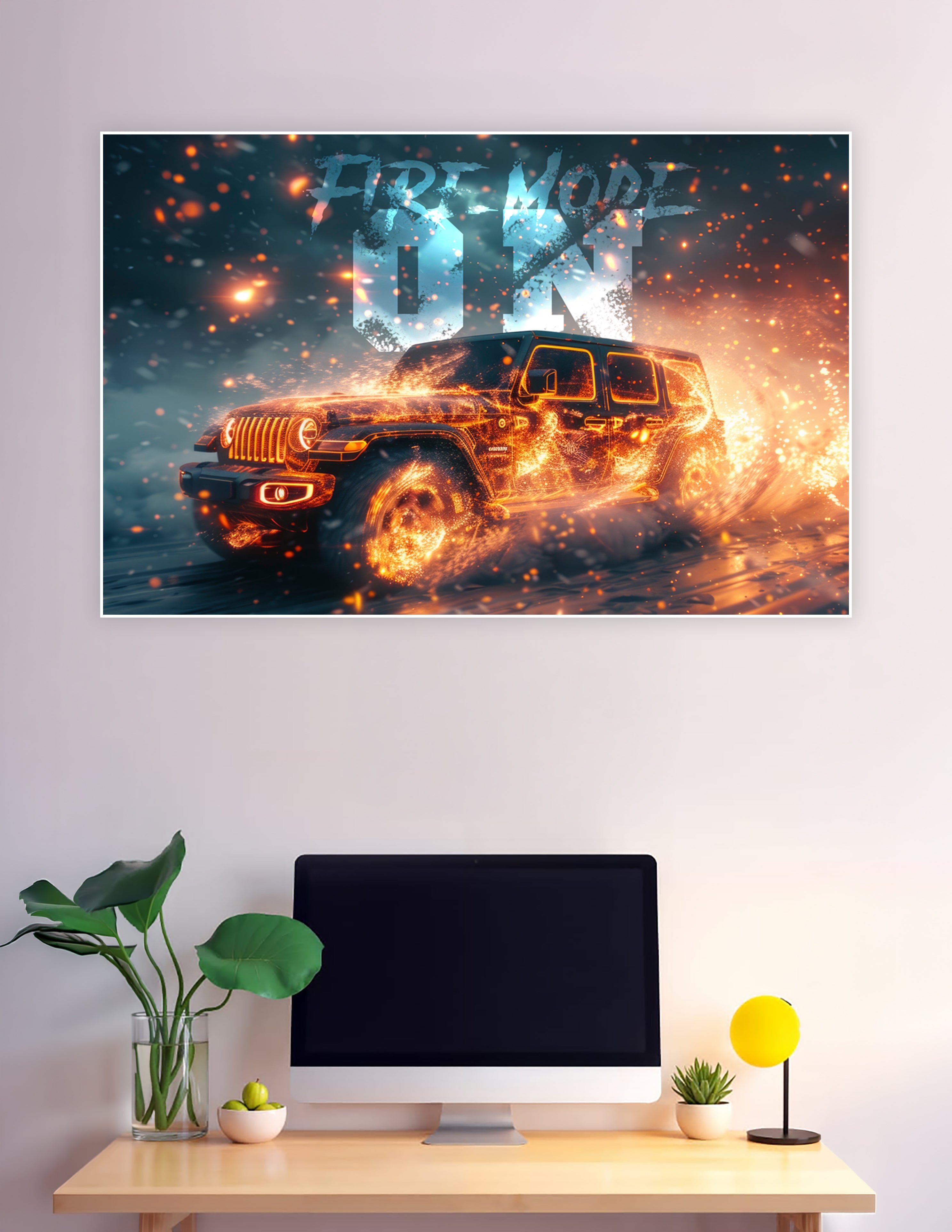 Jeep Wrangler engulfed in orange fire and sparks charging through a snowy storm with 'Fire Mode ON' text overlay