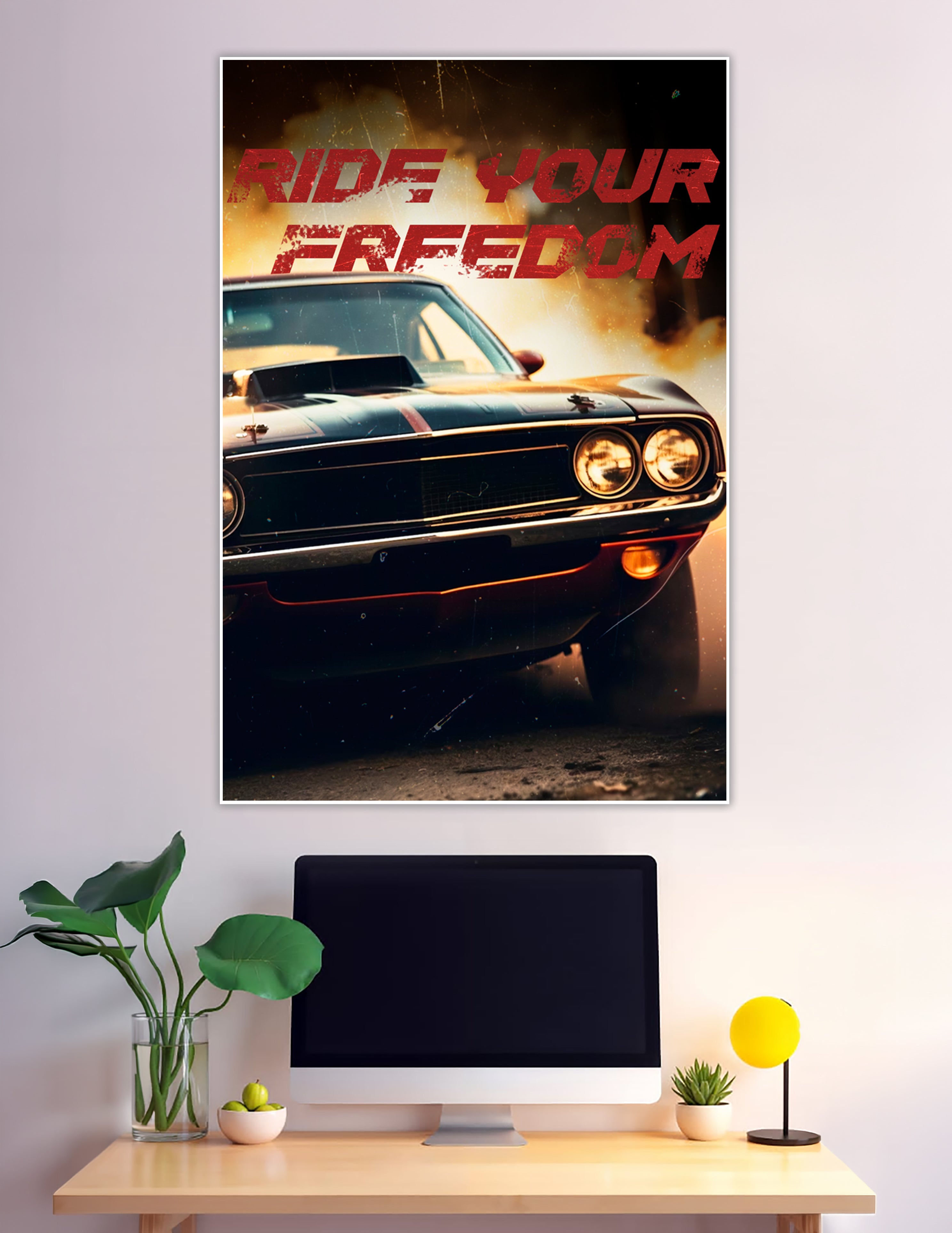 Classic muscle car poster with fiery explosion background