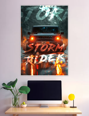 Storm Rider 4x4 jeep blazing through rain and fire