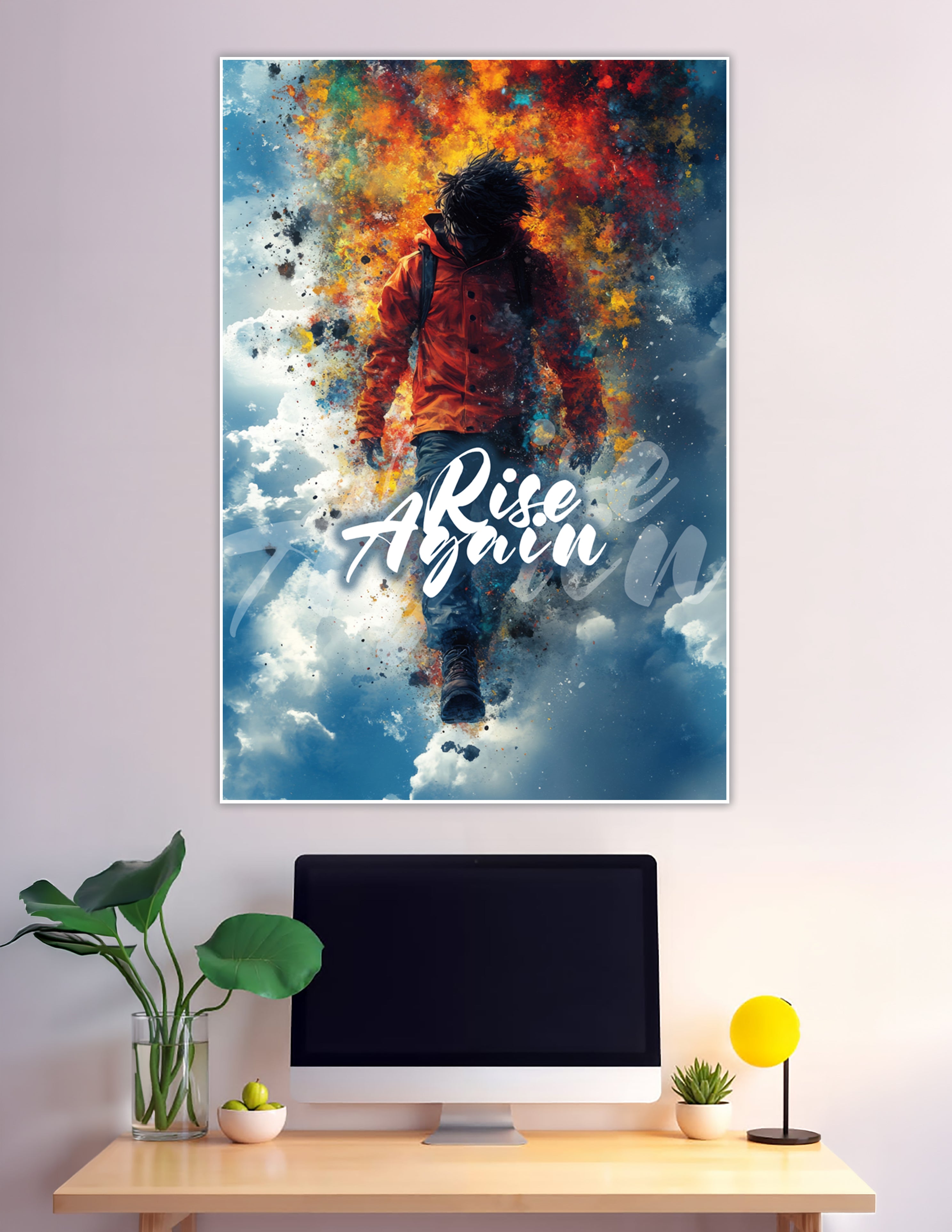 A determined figure in an orange jacket walking forward through an explosive burst of red, orange, yellow, and teal color splashes with 'Rise Again' typography on a blue sky background