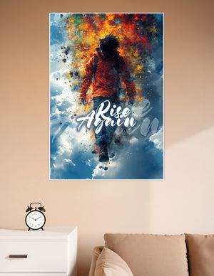 A determined figure in an orange jacket walking forward through an explosive burst of red, orange, yellow, and teal color splashes with 'Rise Again' typography on a blue sky background