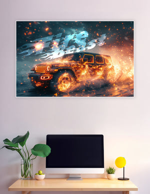 Flaming Jeep Wrangler Fire Beast off-road action poster