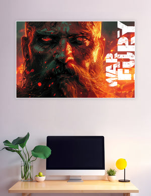 Close-up digital art poster of a fierce Viking warrior with glowing red eyes surrounded by fire and flames in dramatic orange and shadow tones