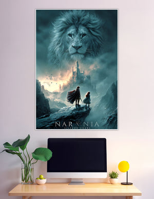 Fantasy movie-style poster showing a giant majestic lion above two children standing on a cliff facing a mystical castle in teal and silver tones