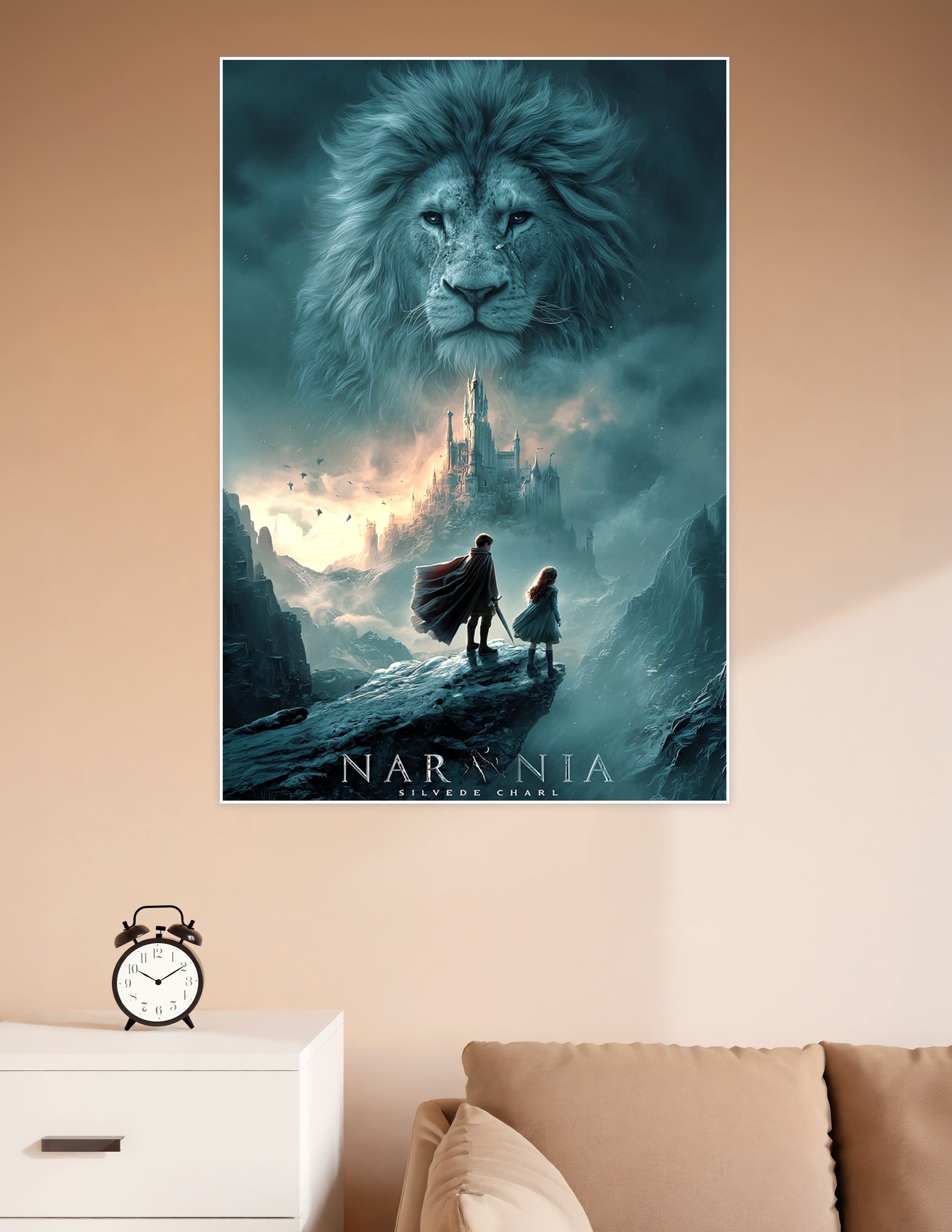 Fantasy movie-style poster showing a giant majestic lion above two children standing on a cliff facing a mystical castle in teal and silver tones