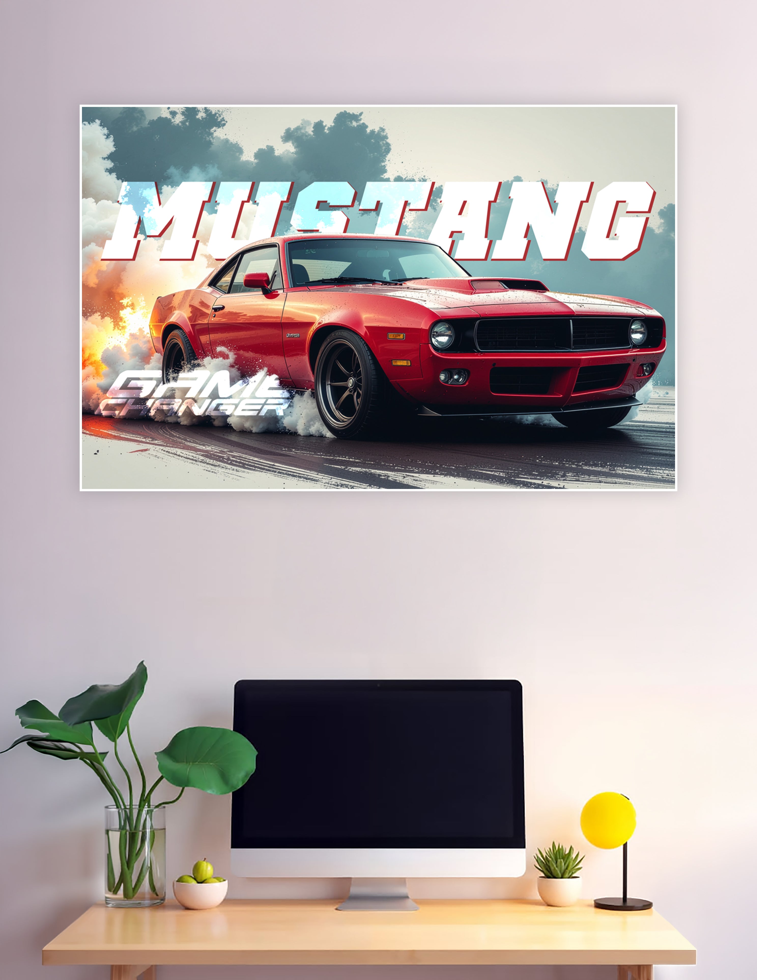 Red Mustang muscle car burnout smoke fire poster