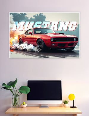 Red Mustang muscle car burnout smoke fire poster