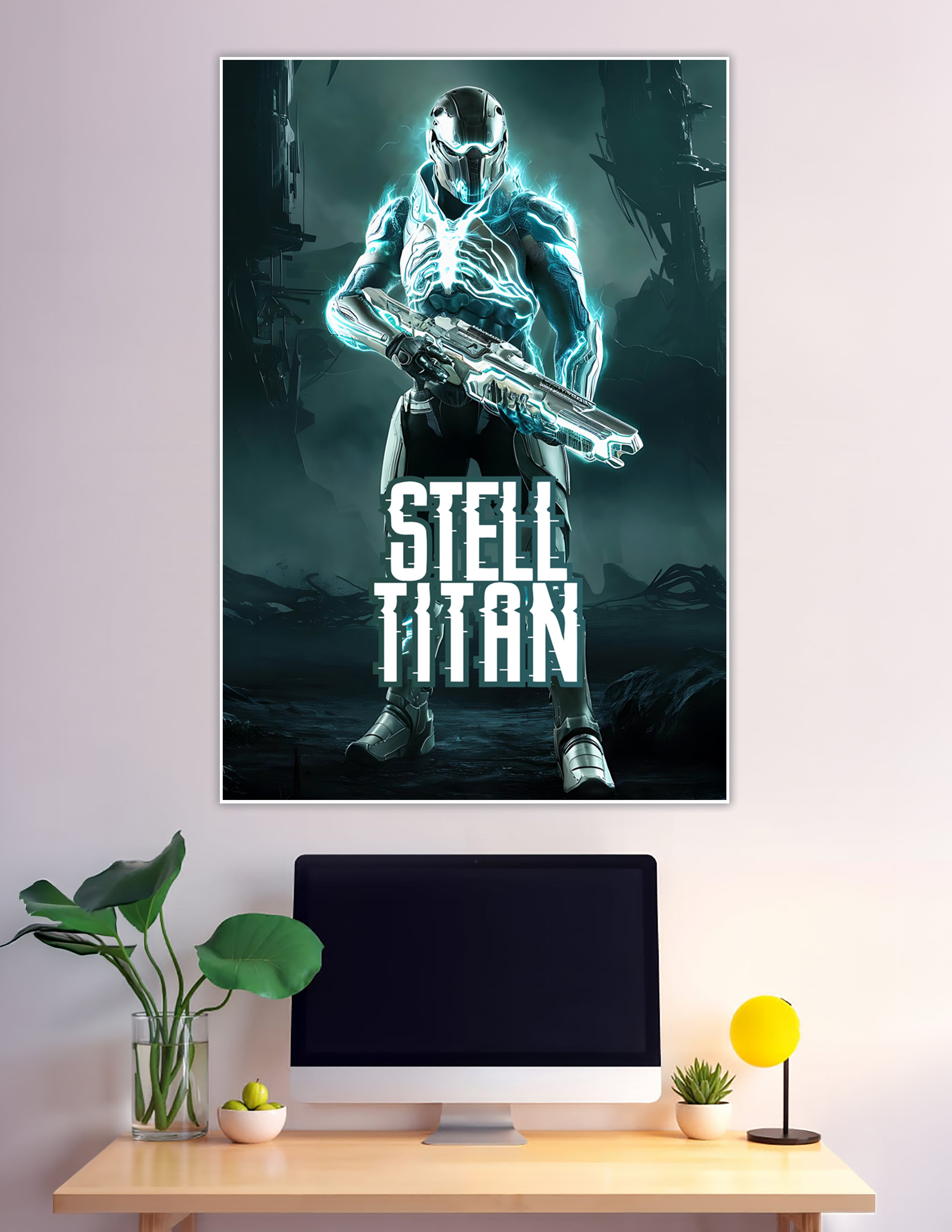 Stell Titan armored sci-fi warrior glowing with cyan electric energy holding a futuristic rifle on a dark apocalyptic background