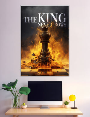 A dramatic chess king piece standing in flames on a chessboard with the text 'The King Never Bows' on a dark stormy background