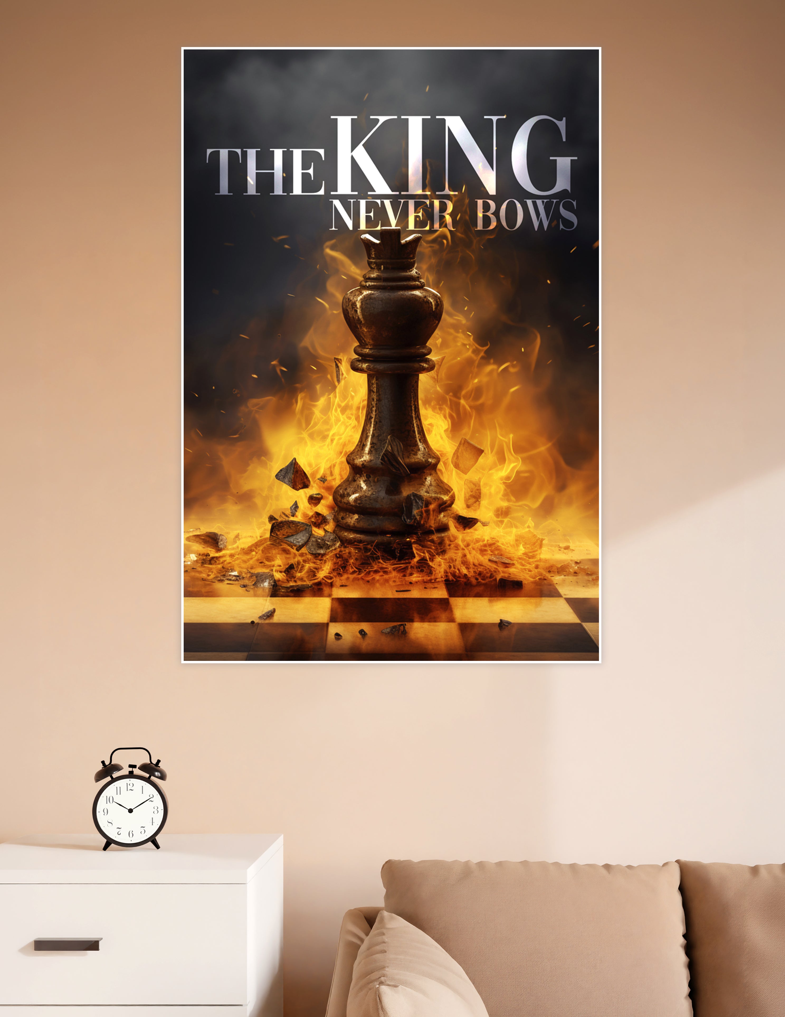 A dramatic chess king piece standing in flames on a chessboard with the text 'The King Never Bows' on a dark stormy background