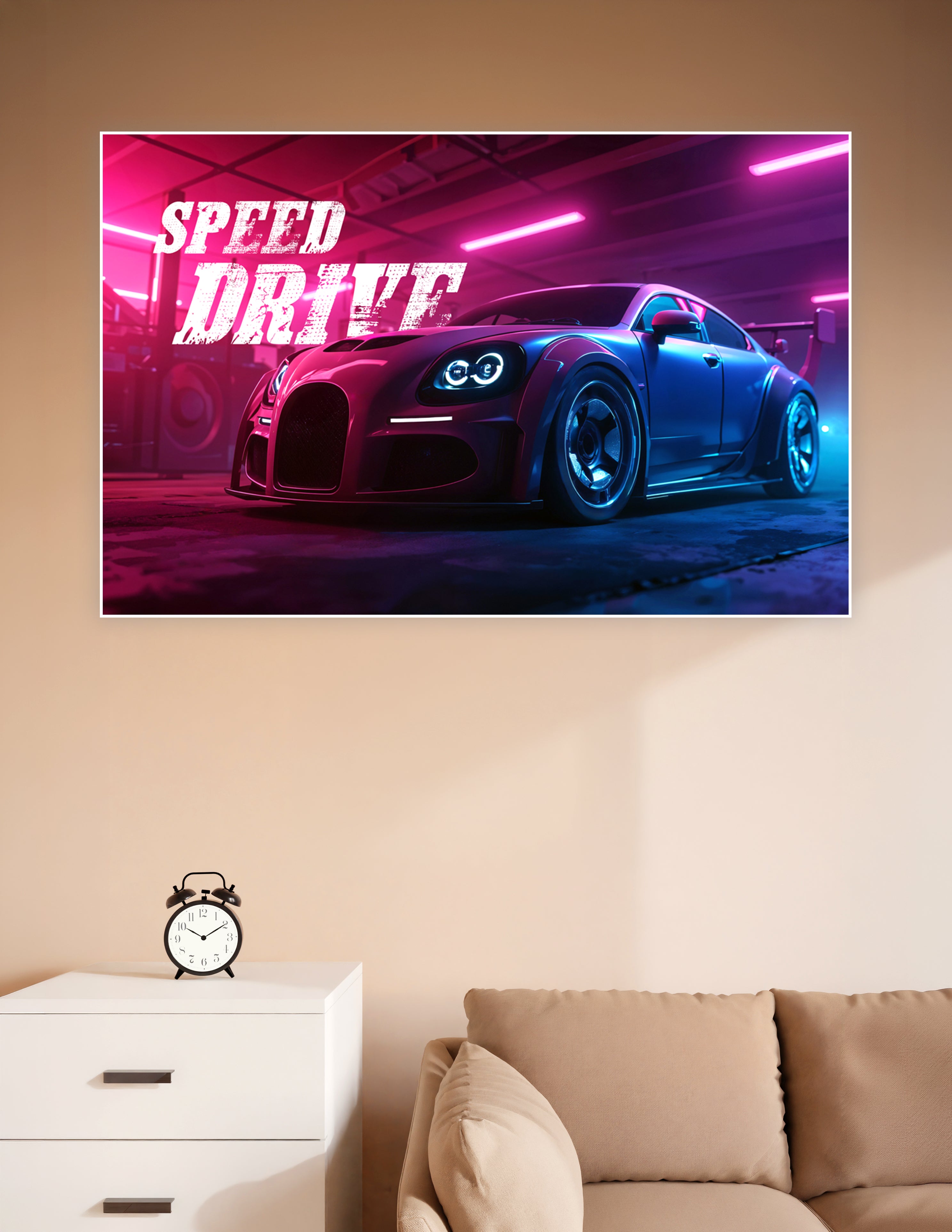 Speed Drive neon racing car poster featuring a custom sports car illuminated by pink and blue neon lights in a dark garage