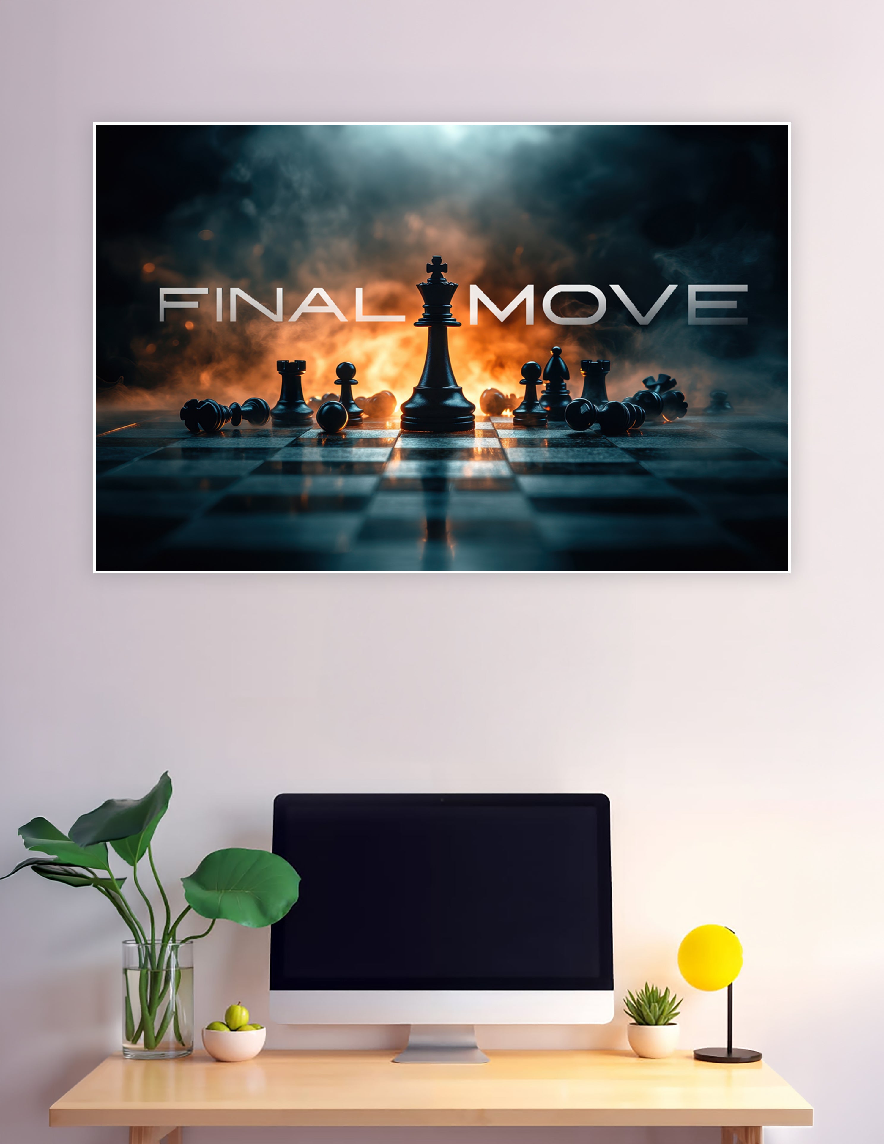 Dramatic chess king standing tall amid fallen pieces with fiery orange smoke and bold 'Final Move' text on a dark cinematic background