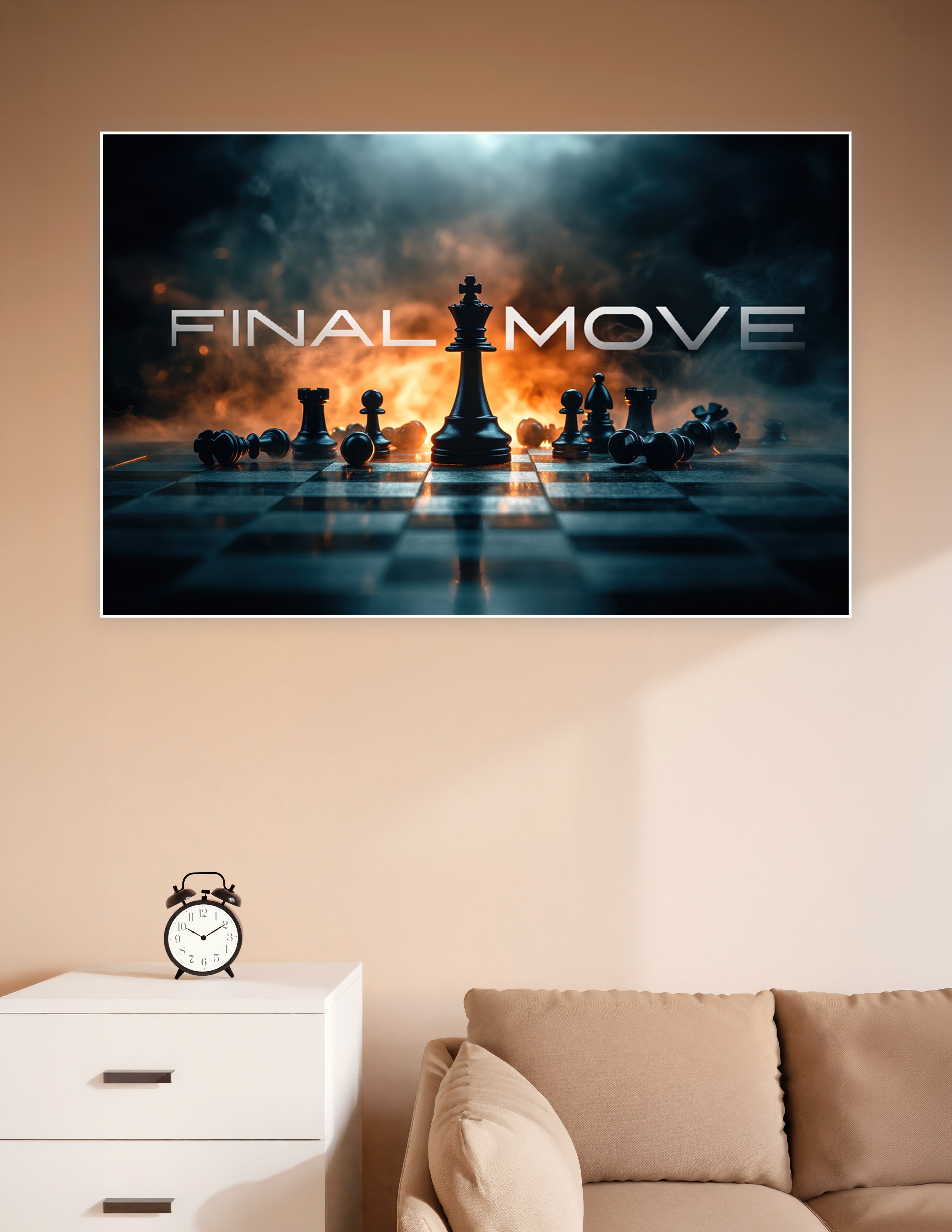 Dramatic chess king standing tall amid fallen pieces with fiery orange smoke and bold 'Final Move' text on a dark cinematic background