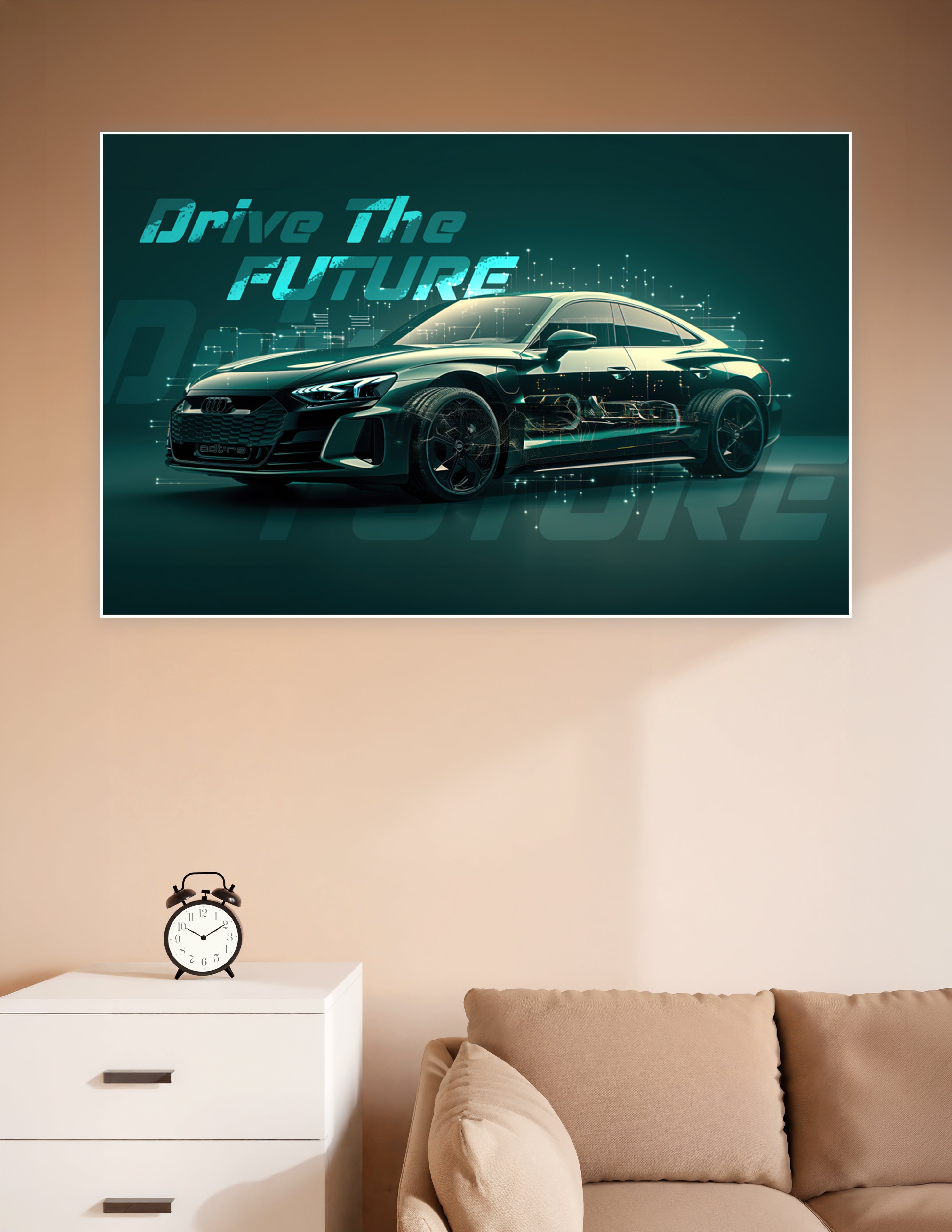 Futuristic Audi e-tron GT electric car poster with glowing circuit overlays and 'Drive The Future' text on teal background