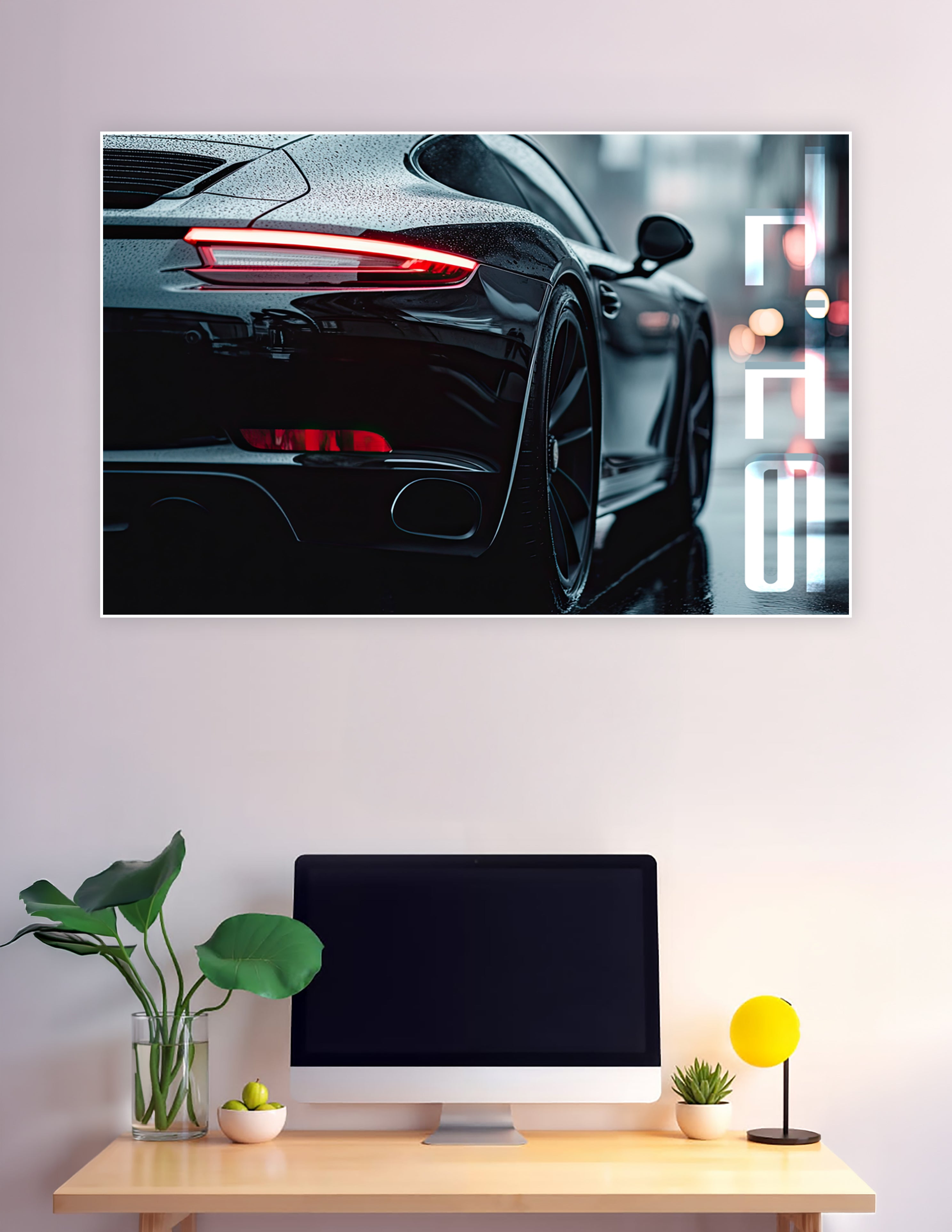 Close-up rear view of a black Porsche 911 with glowing red tail lights glistening in the rain at night, printed as a premium matte wall poster