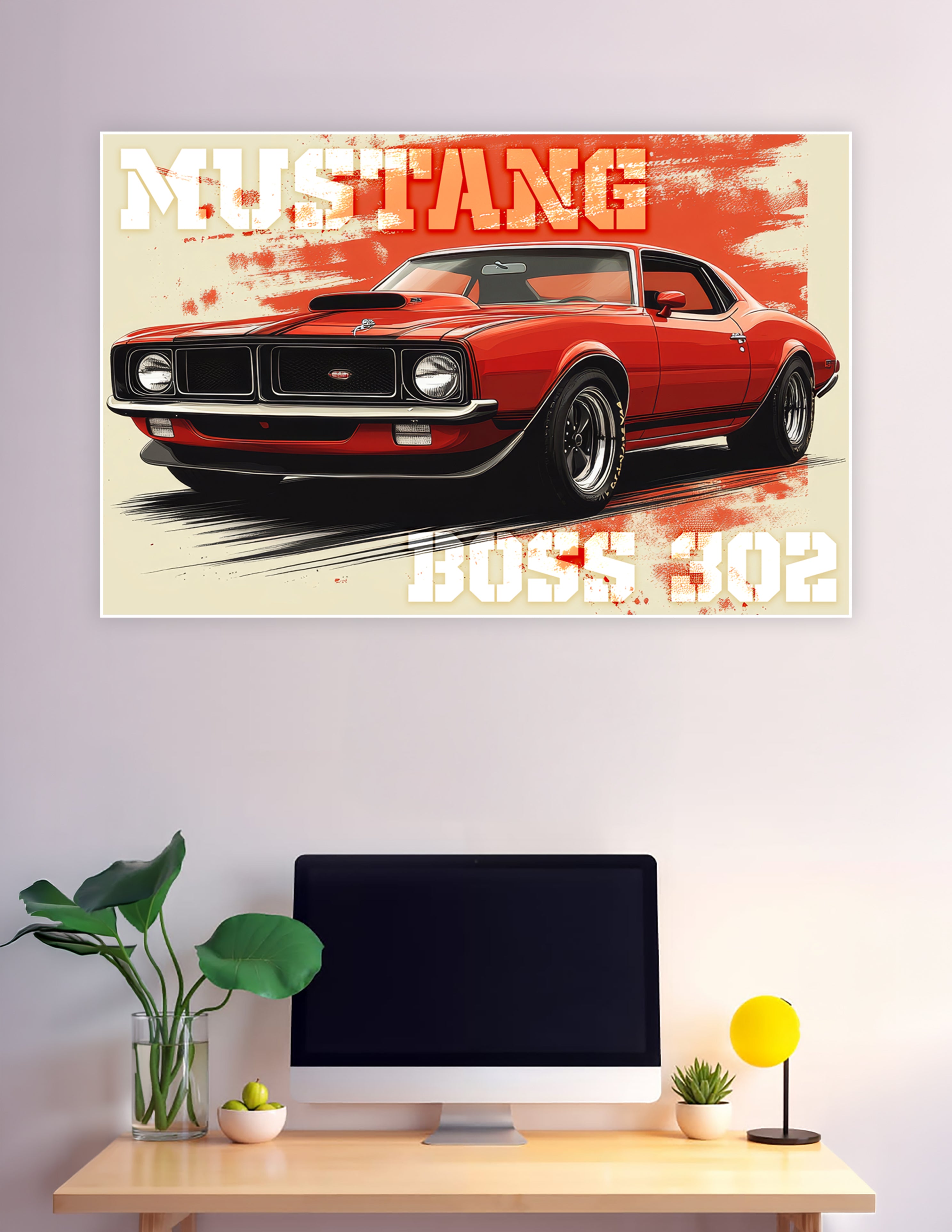 Retro-style Ford Mustang Boss 302 muscle car poster in bold red with grunge typography on matte board