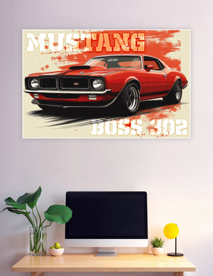 Retro-style Ford Mustang Boss 302 muscle car poster in bold red with grunge typography on matte board