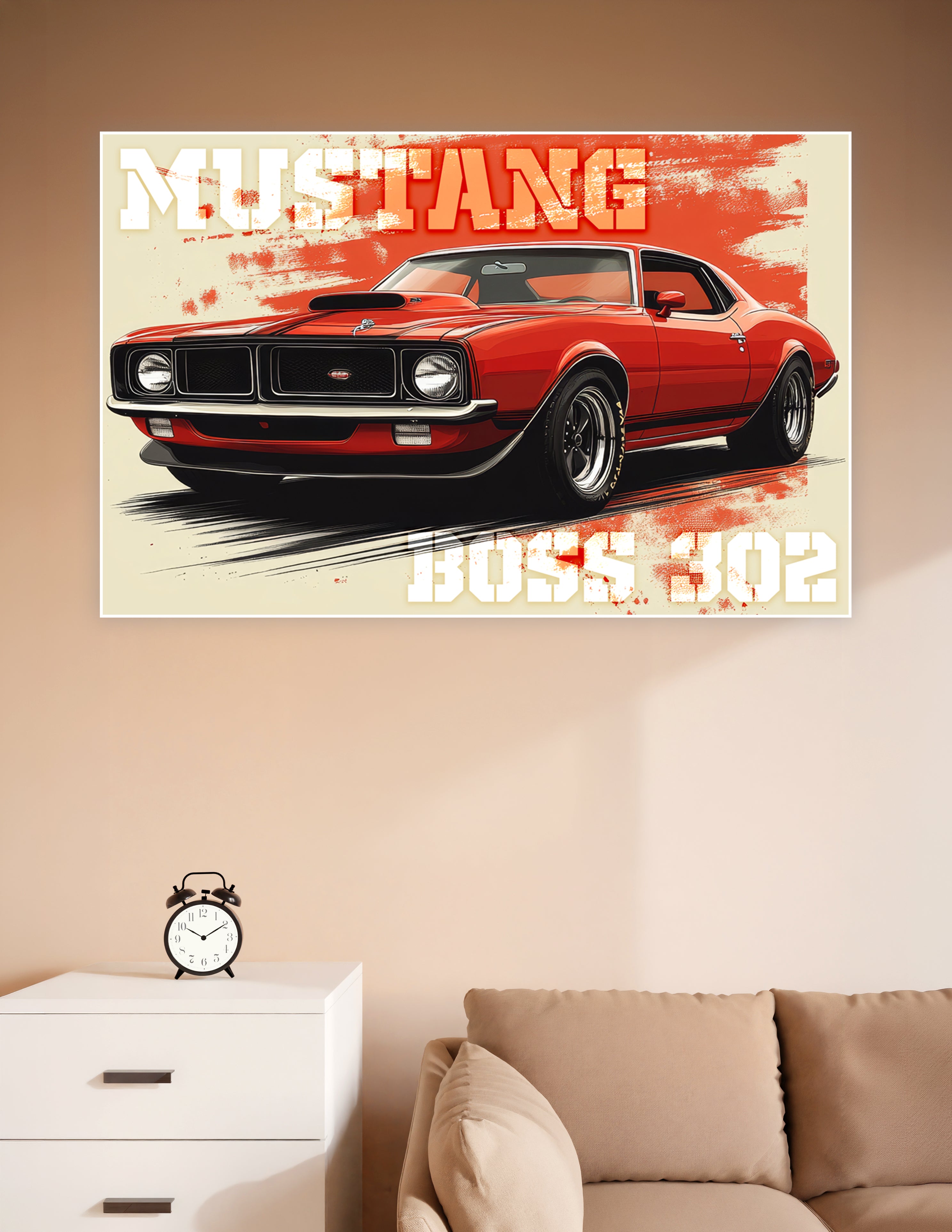 Retro-style Ford Mustang Boss 302 muscle car poster in bold red with grunge typography on matte board