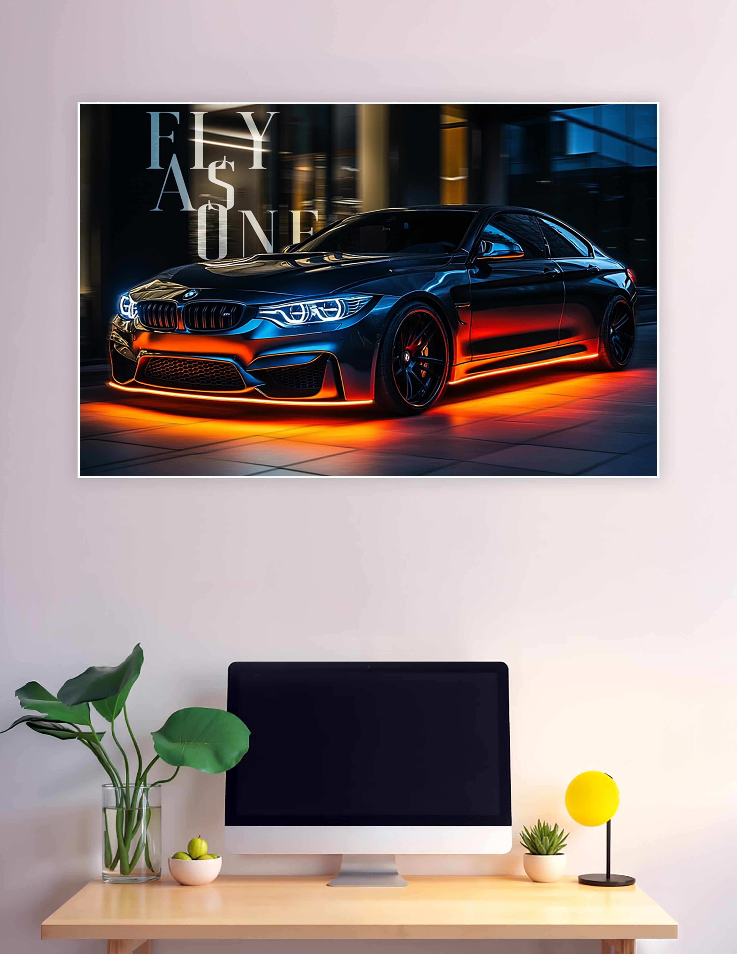 Black BMW M4 with orange neon underglow lighting and 'Fly As One' typography on a dark urban night background poster print